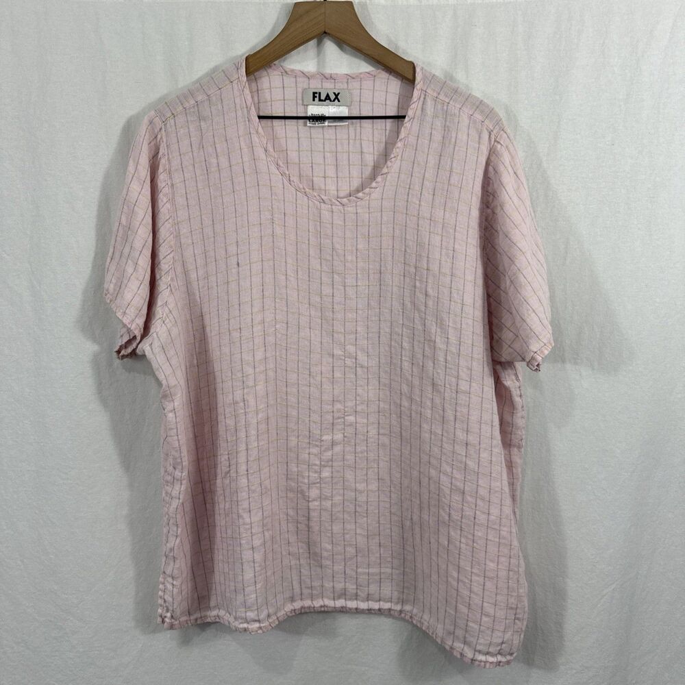 Flax 100% Linen Scoop Neck Pink Plaid Short Sleeve Top Womens Sz L Beach Resort